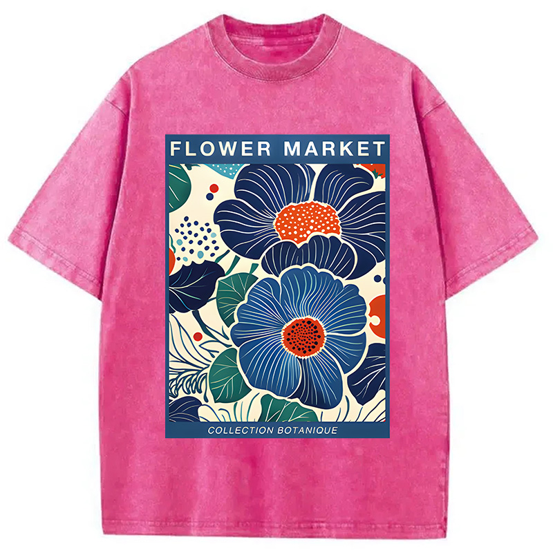 Modecanvas Blue Flowers Botanical Art DTG Printing Washed T-Shirt