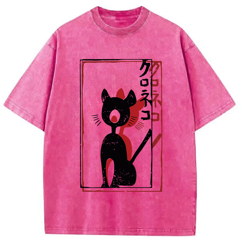 Modecanvas Japanese Retro Black Cat Poster DTG Printing Washed T-Shirt