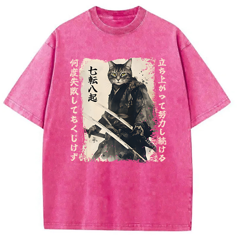 Modecanvas Samurai Japanese Cat DTG Printing Washed T-Shirt