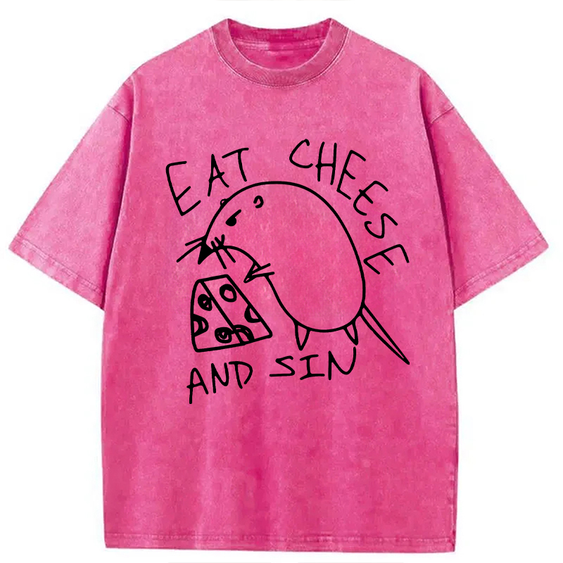 Modecanvas Eat Cheese And Sin Meme Washed T-Shirt-modecanvas