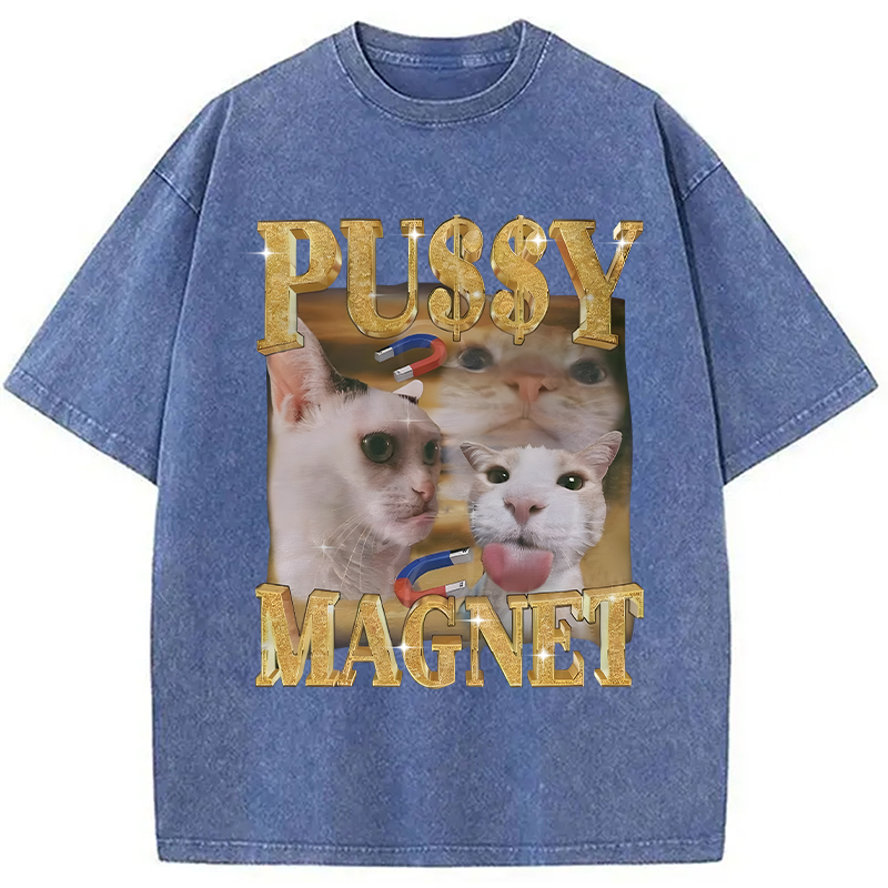 Modecanvas Ironic PUSSY MAGNET Cat Meme DTG Printing Washed T-Shirt