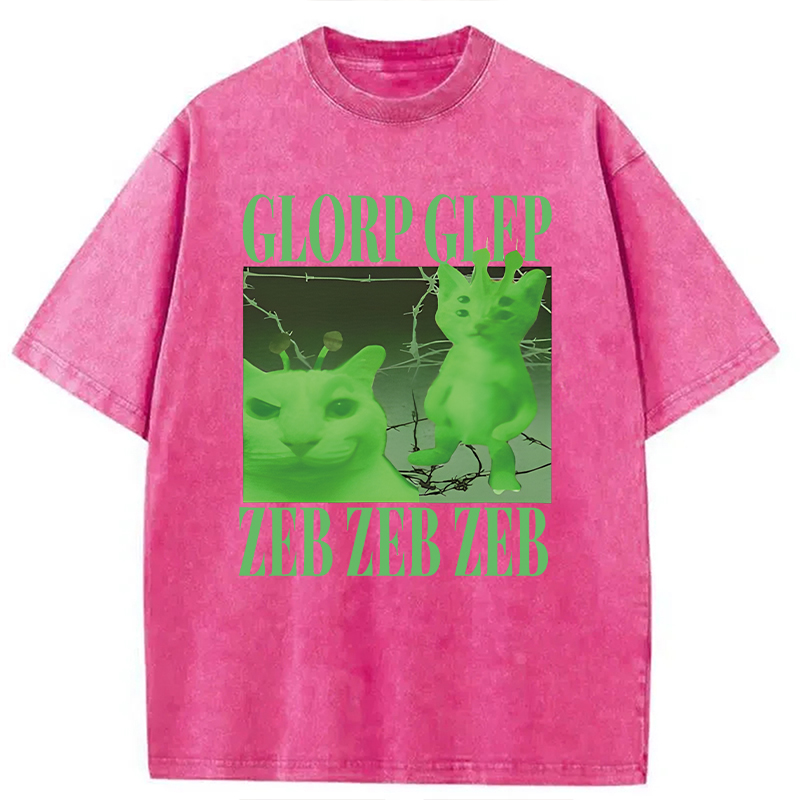 Modecanvas Green Alien Cat Meme DTG Printing Washed T-Shirt