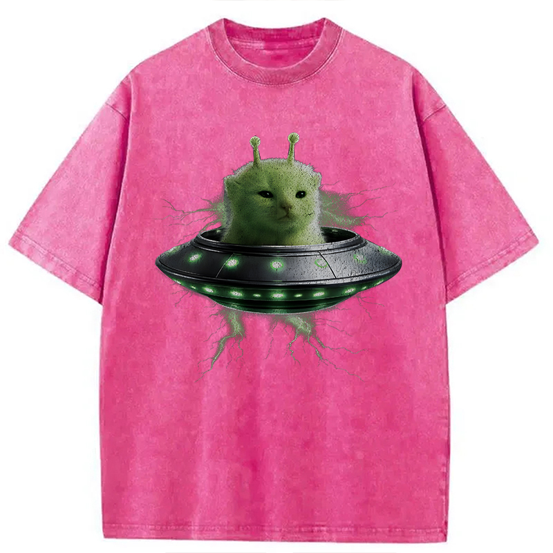 Modecanvas UFO Alien Cat DTG Printing Washed T-Shirt