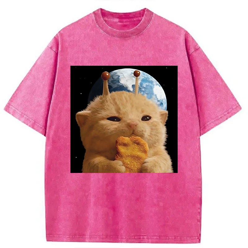 Modecanvas Space Chicken Nugget Alien Cat DTG Printing Washed T-Shirt