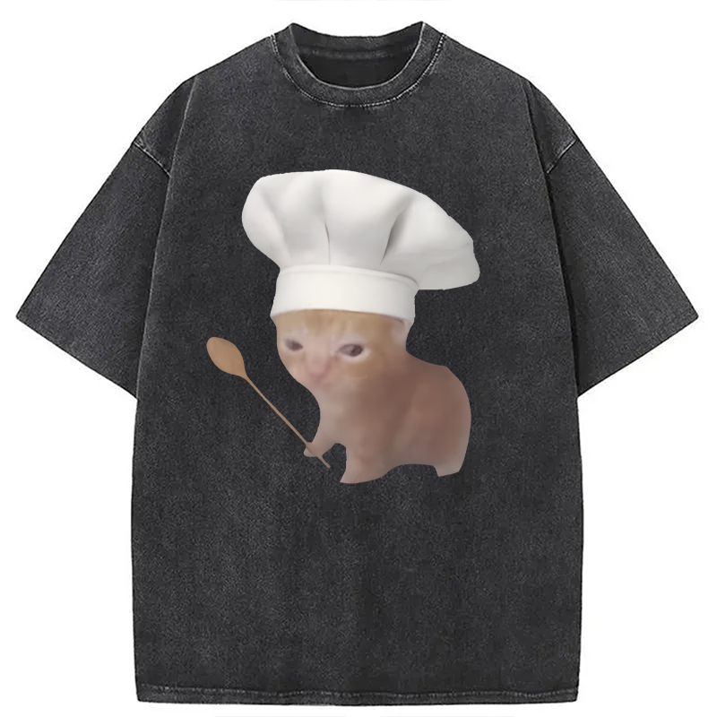 Modecanvas Funny Culinary Kitty Meme DTG Printing Washed T-Shirt