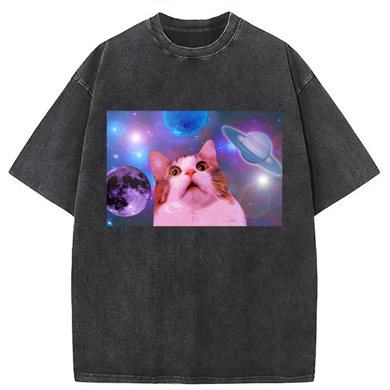 Modecanvas Funny Cat In Space DTG Printing Washed T-Shirt