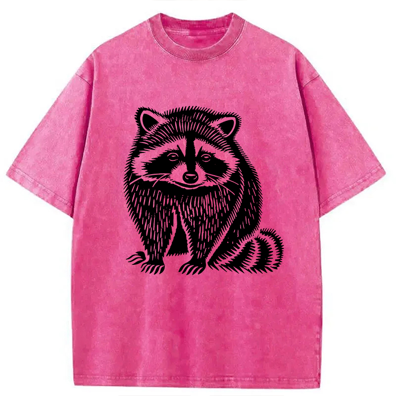 Modecanvas Vintage Minimalist Raccoon DTG Printing Washed T-Shirt