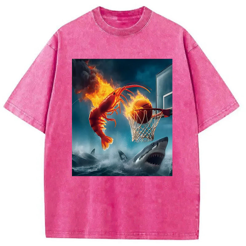 Modecanvas Shrimp Dunking on Shark Funny DTG Printing Washed T-Shirt