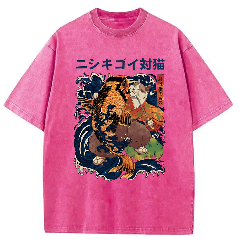 Modecanvas Harajuku Samurai Cat Koi Fish DTG Printing Washed T-Shirt