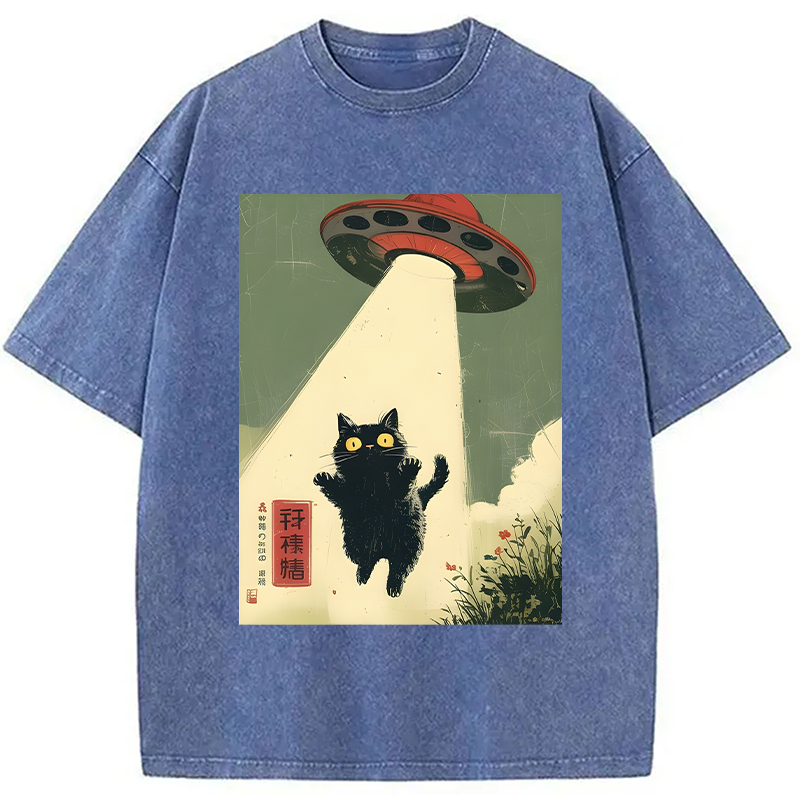 Modecanvas Vintage Japanese Alien Cat DTG Printing Washed T-Shirt