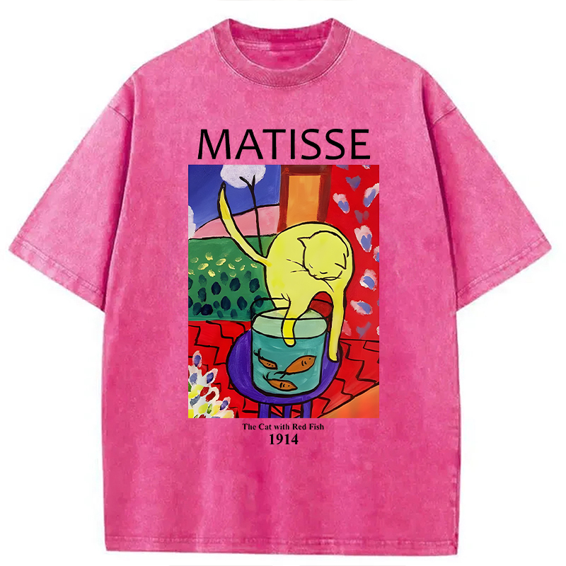 Modecanvas The Cat with Red Fish DTG Printing Washed T-Shirt