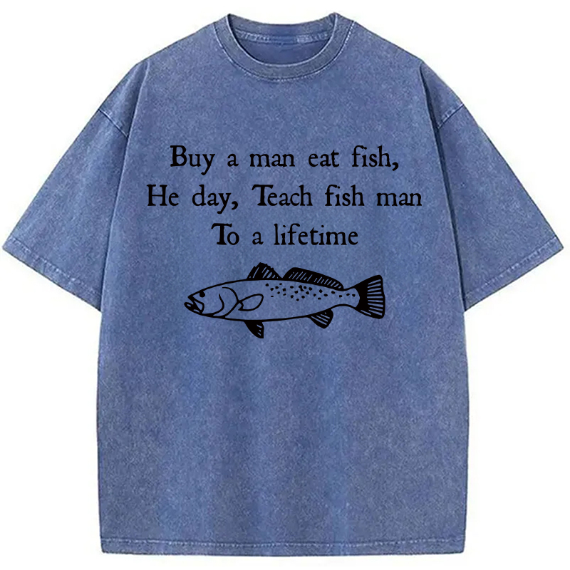 Modecanvas Man Eat Fish Meme DTG Printing Washed T-Shirt
