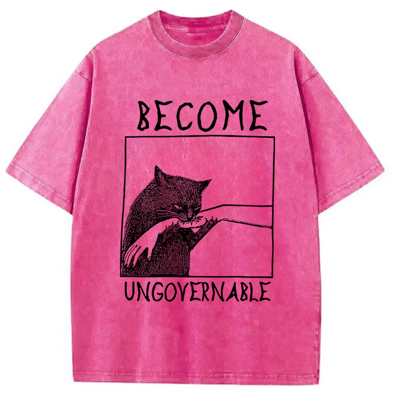 Modecanvas Cat Biting Arm Washed T-Shirt-modecanvas