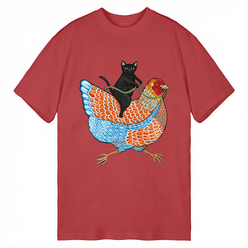 Modecanvas Black Cat On a Wyandotte Chicken DTG Printing Classic T-Shirt-modecanvas