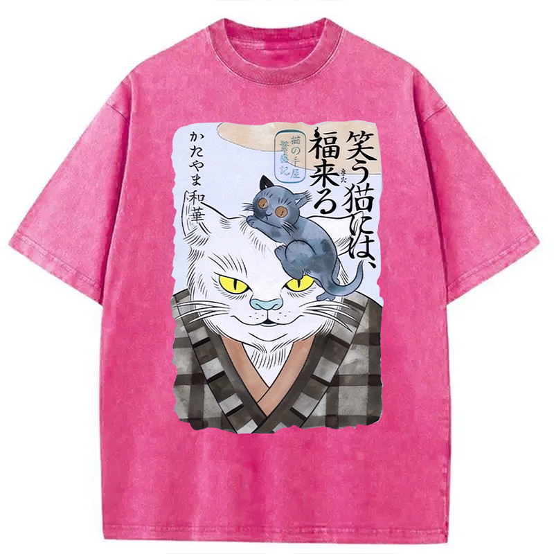 Modecanvas Japanese Vintage Cat DTG Printing Washed T-Shirt
