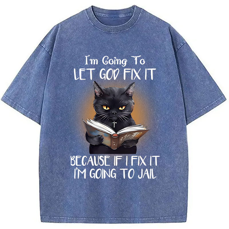 Modecanvas Funny Sarcastic Black Cat DTG Printing Washed T-Shirt