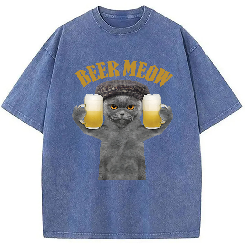 Modecanvas Funny Cat Drinking Or Serving Beer DTG Printing Washed T-Shirt