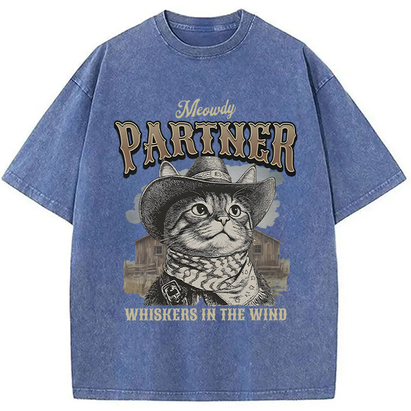 Modecanvas Meowdy Partner Cowboy Cat DTG Printing Washed T-Shirt
