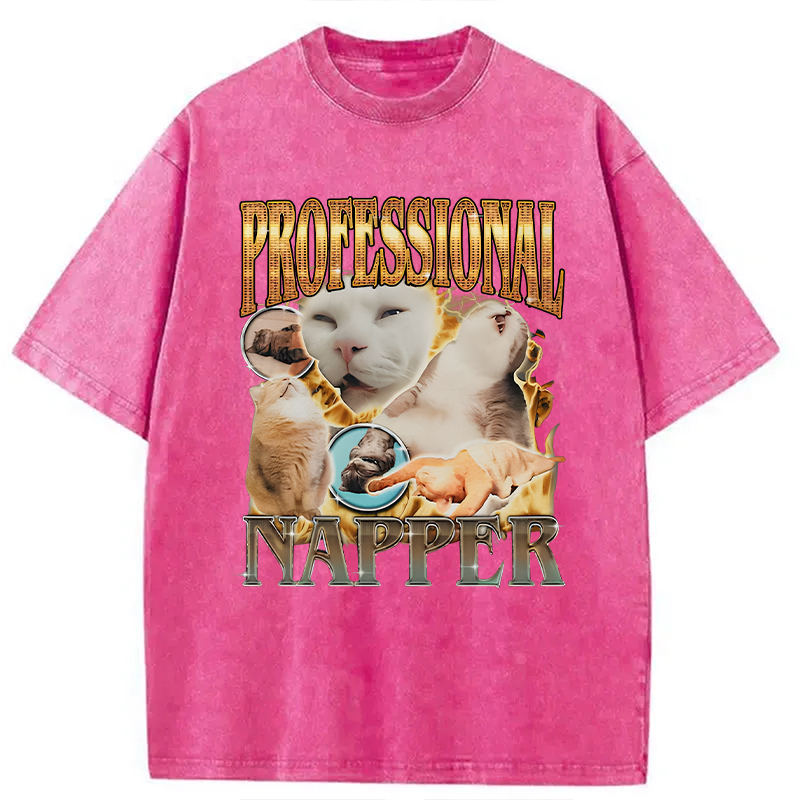 Modecanvas Professional Napper Funny Cat DTG Printing Washed T-Shirt