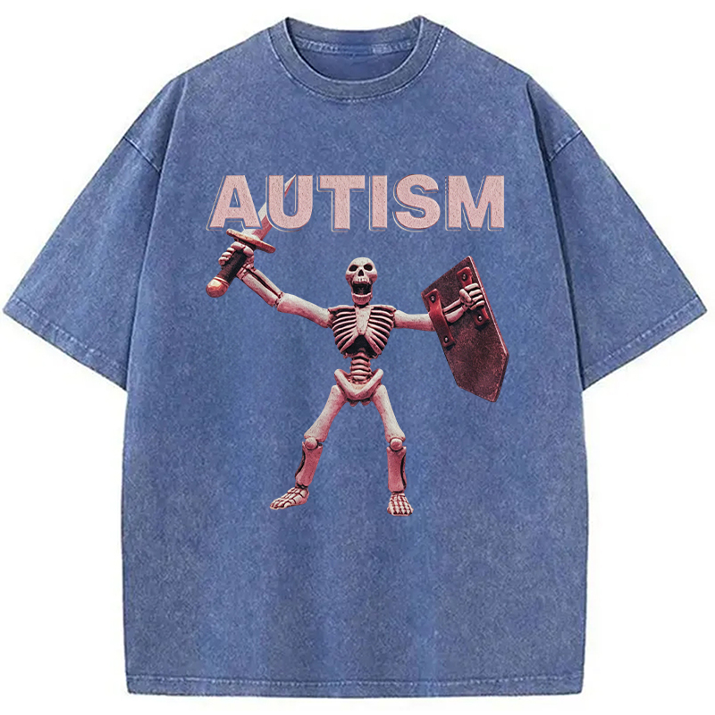 Modecanvas Funny Autism Skeleton Offensive Meme DTG Printing Washed T-Shirt