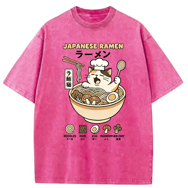 Modecanvas Ramen Cat DTG Printing Washed T-Shirt