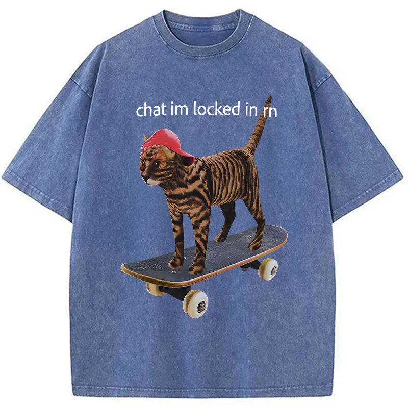 Modecanvas Locked In Skateboard Cat DTG Printing Washed T-Shirt