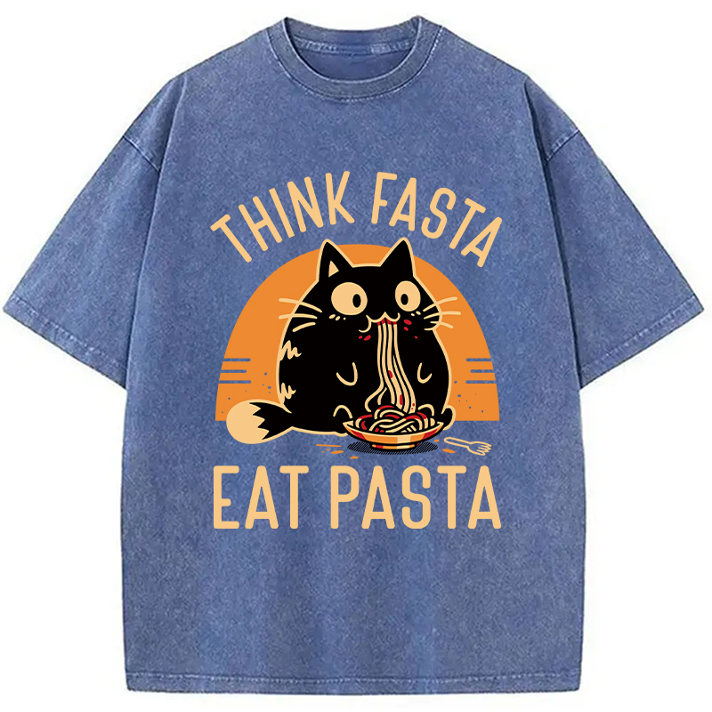Modecanvas Think Fast Eat Pasta Funny Cat DTG Printing Washed T-Shirt