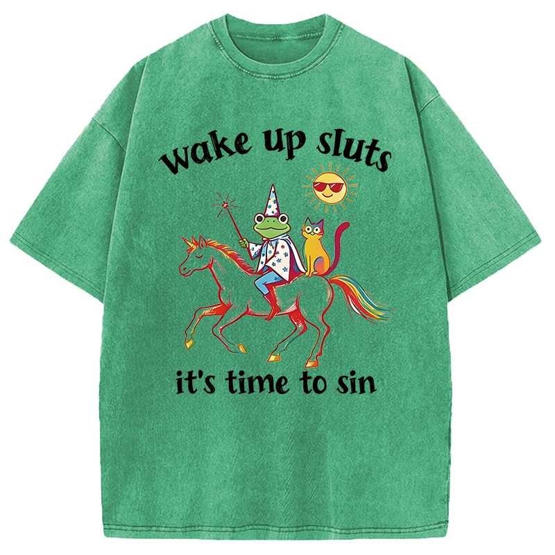 Modecanvas Wake Up Sluts Funny Frog DTG Printing Washed T-Shirt
