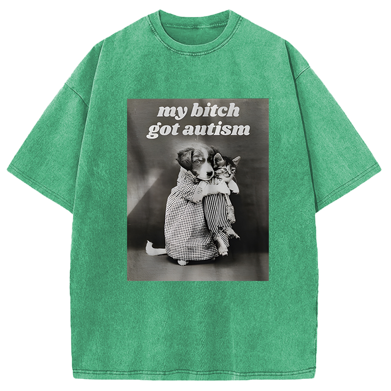 Modecanvas My B!tch Got Autism Funny Dog Holding Cat Meme DTG Printing Washed T-Shirt