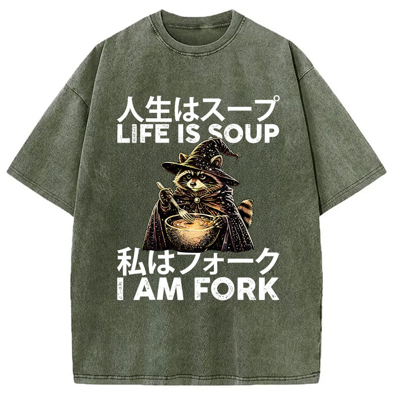 Modecanvas Life is Soup I Am Fork Funny Raccoon Wizard Meme DTG Printing Washed T-Shirt