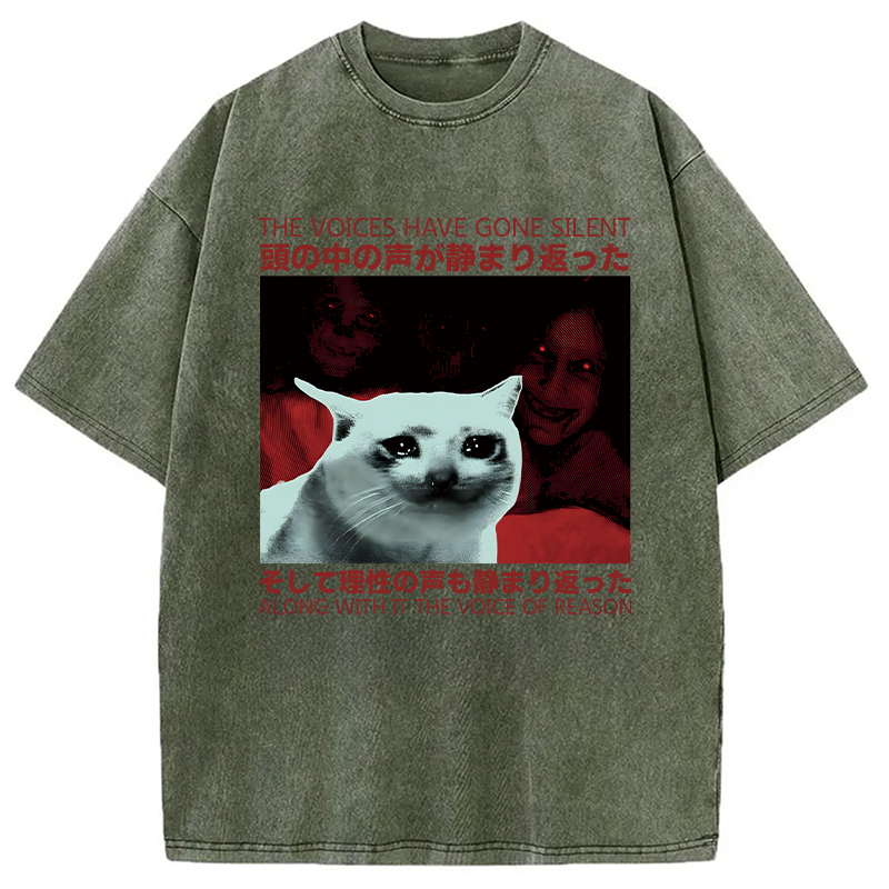 Modecanvas Silent Cat Funny Vintage Japanese DTG Printing Washed T-Shirt