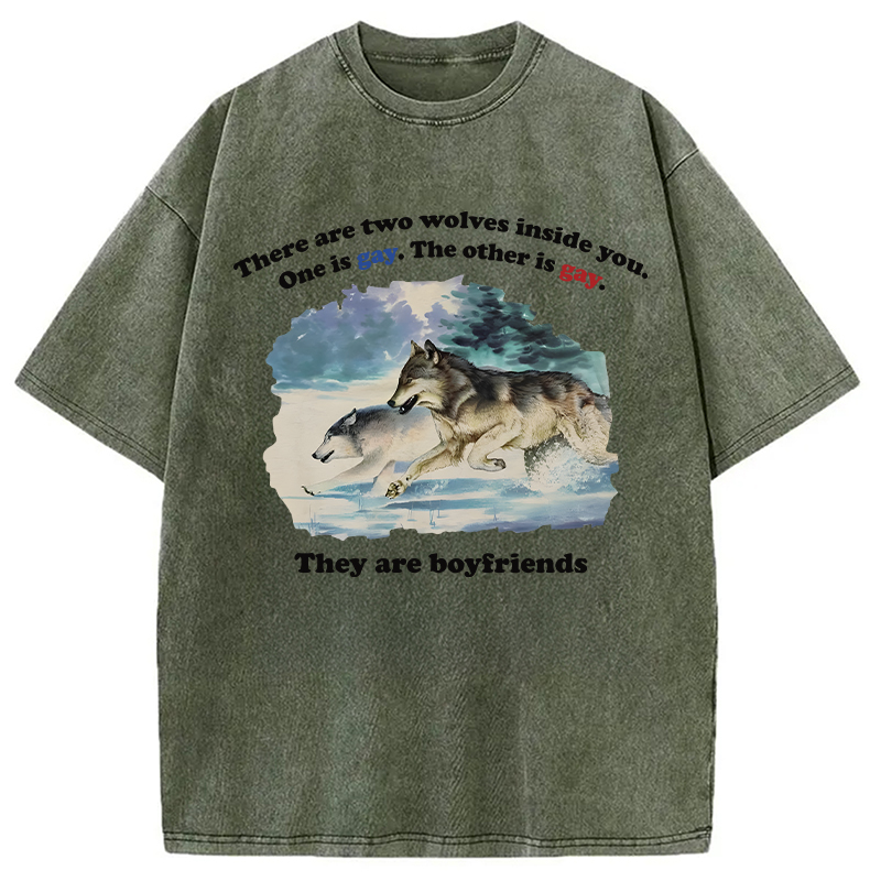 Modecanvas Two Wolves Gay Meme DTG Printing Washed T-Shirt