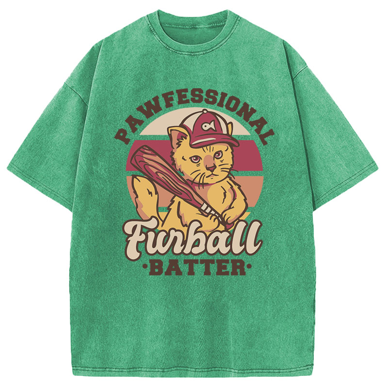 Modecanvas Furball Batter Funny Cat DTG Printing Washed T-Shirt