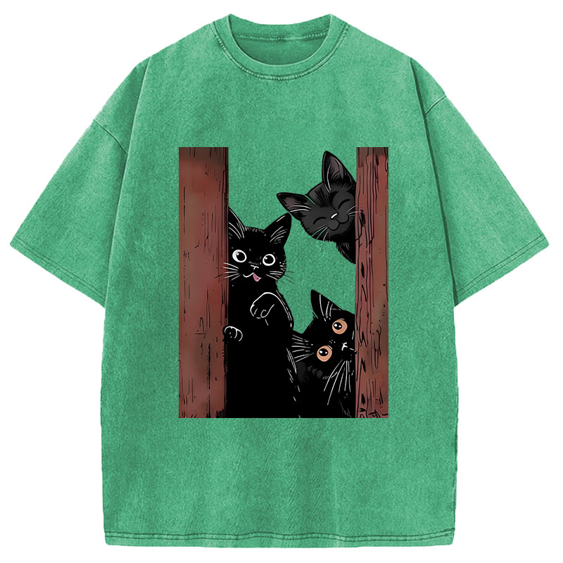 Modecanvas Funny Cats Spying On You DTG Printing Washed T-Shirt