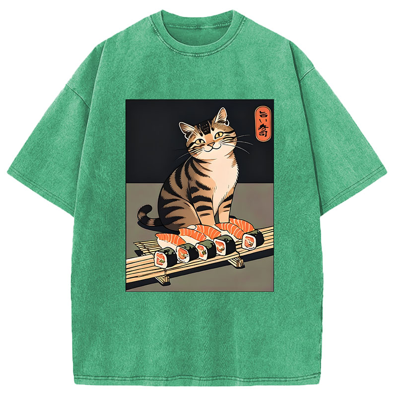 Modecanvas Cute Cat Trying To Steal Sushi DTG Printing Washed T-Shirt