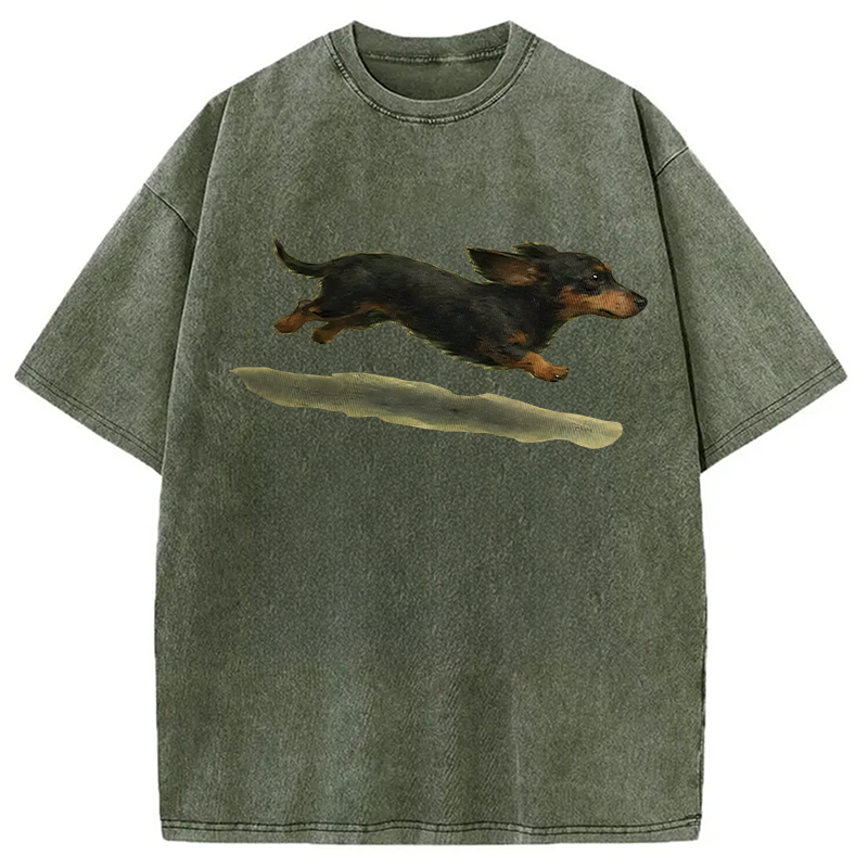 Modecanvas Funny Retro Cute Running Dog DTG Printing Washed T-Shirt
