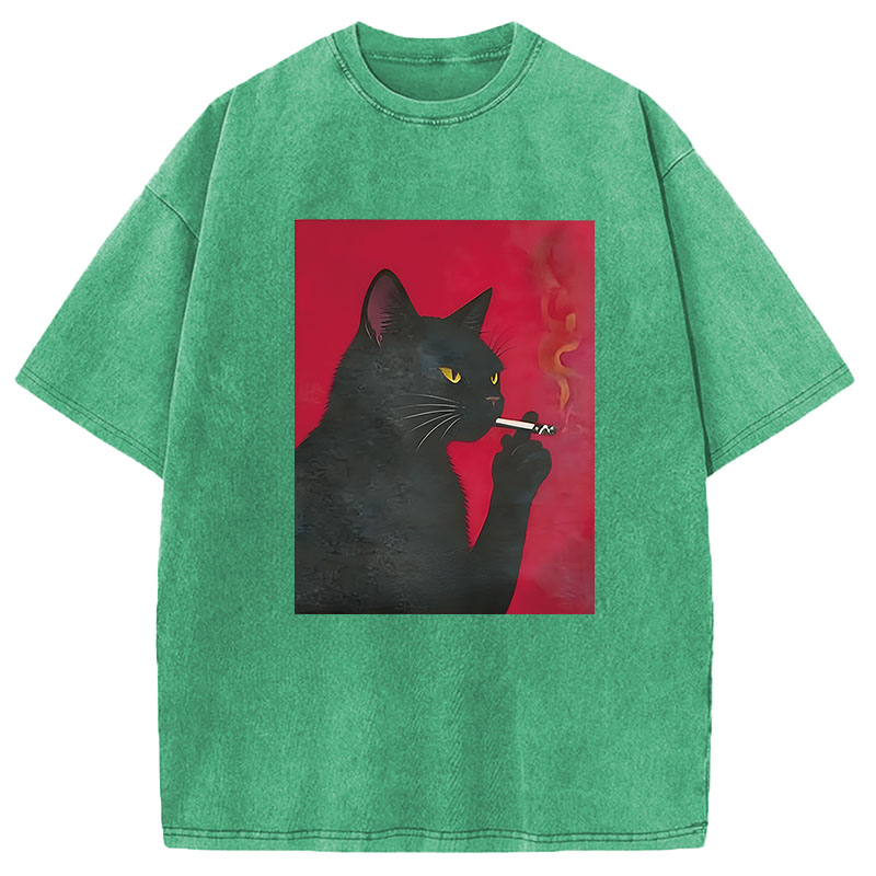 Modecanvas Black Cat Smoking DTG Printing Washed T-Shirt