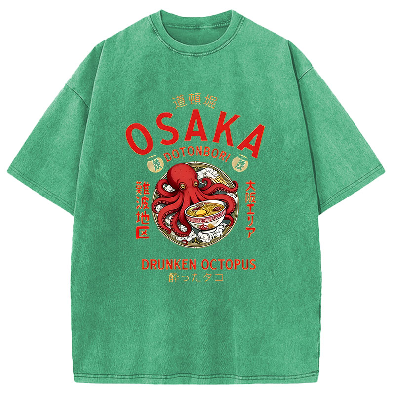 Modecanvas Osaka Drunken Octopus Eating Ramen DTG Printing Washed T-Shirt