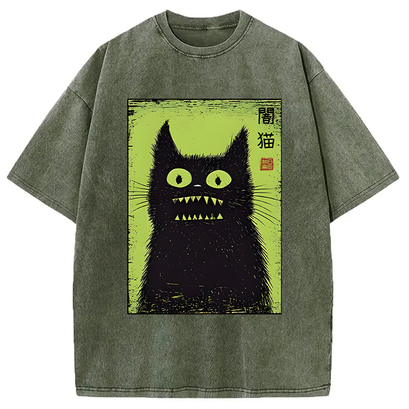 Modecanvas Spooky Black Cat Japanese DTG Printing Washed T-Shirt