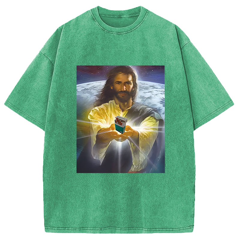 Modecanvas Jesus Holding Cigarettes DTG Printing Washed T-Shirt