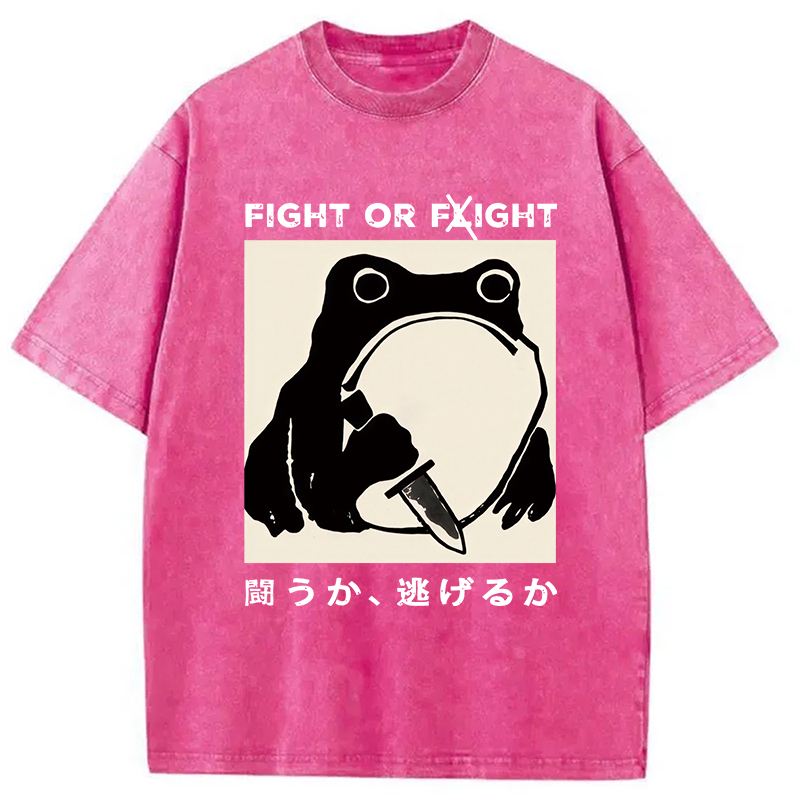 Modecanvas Fight Or Flight Funny Frog Japanese Washed T-Shirt