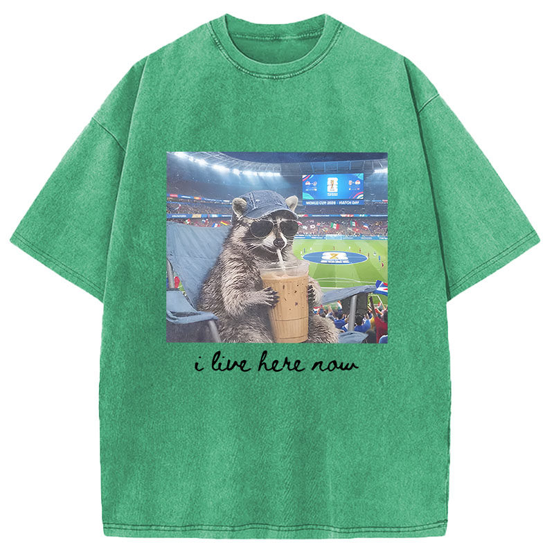 Modecanvas I Live Here Now Raccoon DTG Printing Washed T-Shirt