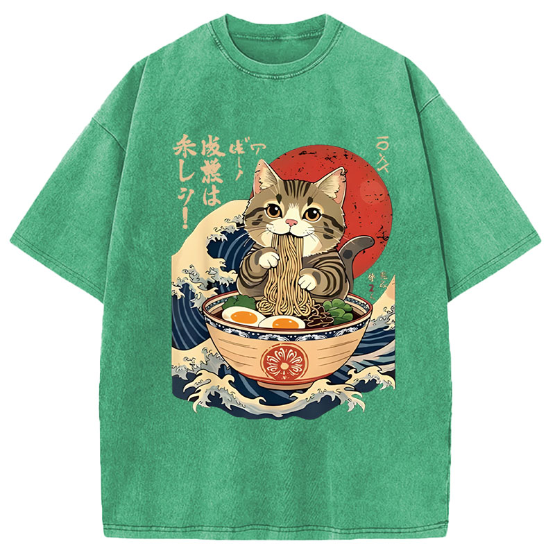 Modecanvas Cat Eating Ramen Noodles DTG Printing Washed T-Shirt