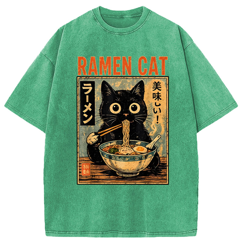 Modecanvas Funny Cat Ramen DTG Printing Washed T-Shirt