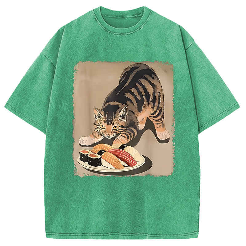 Modecanvas Kawaii Cat Eating Sushi DTG Printing Washed T-Shirt