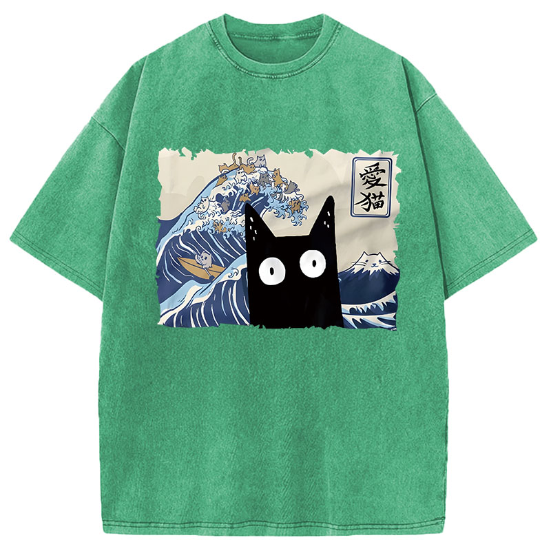 Modecanvas Kawaii Cat Japanese Wave DTG Printing Washed T-Shirt