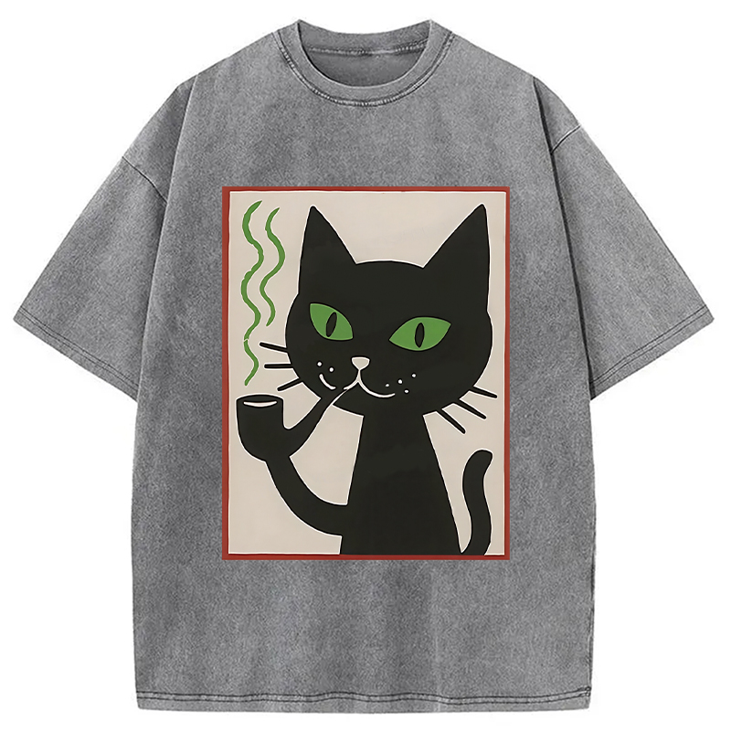 Modecanvas Black Cat Smoking Washed T-Shirt