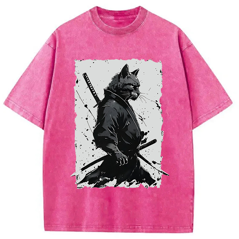 Modecanvas Handsome Samurai Cat Washed T-Shirt