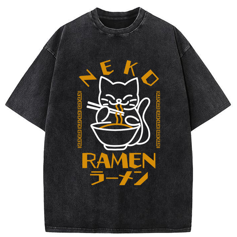Modecanvas Cat Obsessed With Ramen Washed T-Shirt-modecanvas