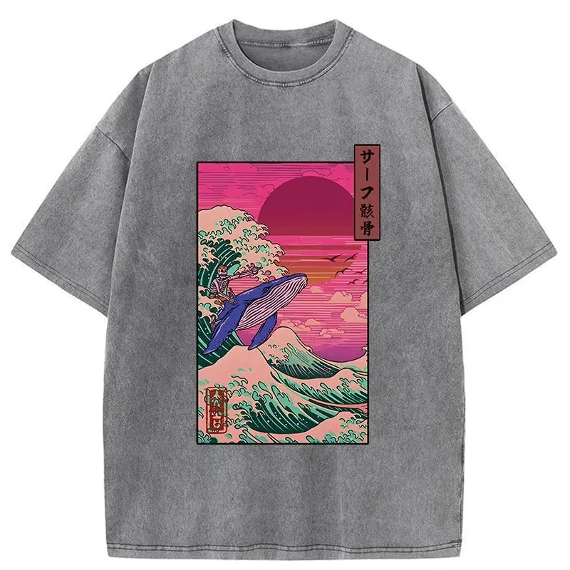 Modecanvas Skeleton Surfing With A Whale Washed T-Shirt